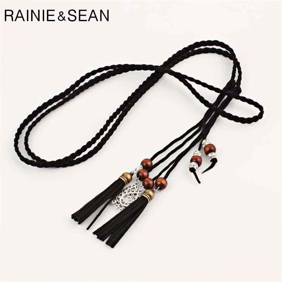 RAINIE SEAN Braided Belt For Women Pu Leather Ladies Belts For Dresses Tassel Beaded Boho Fashion Summer Belt Women 170cm