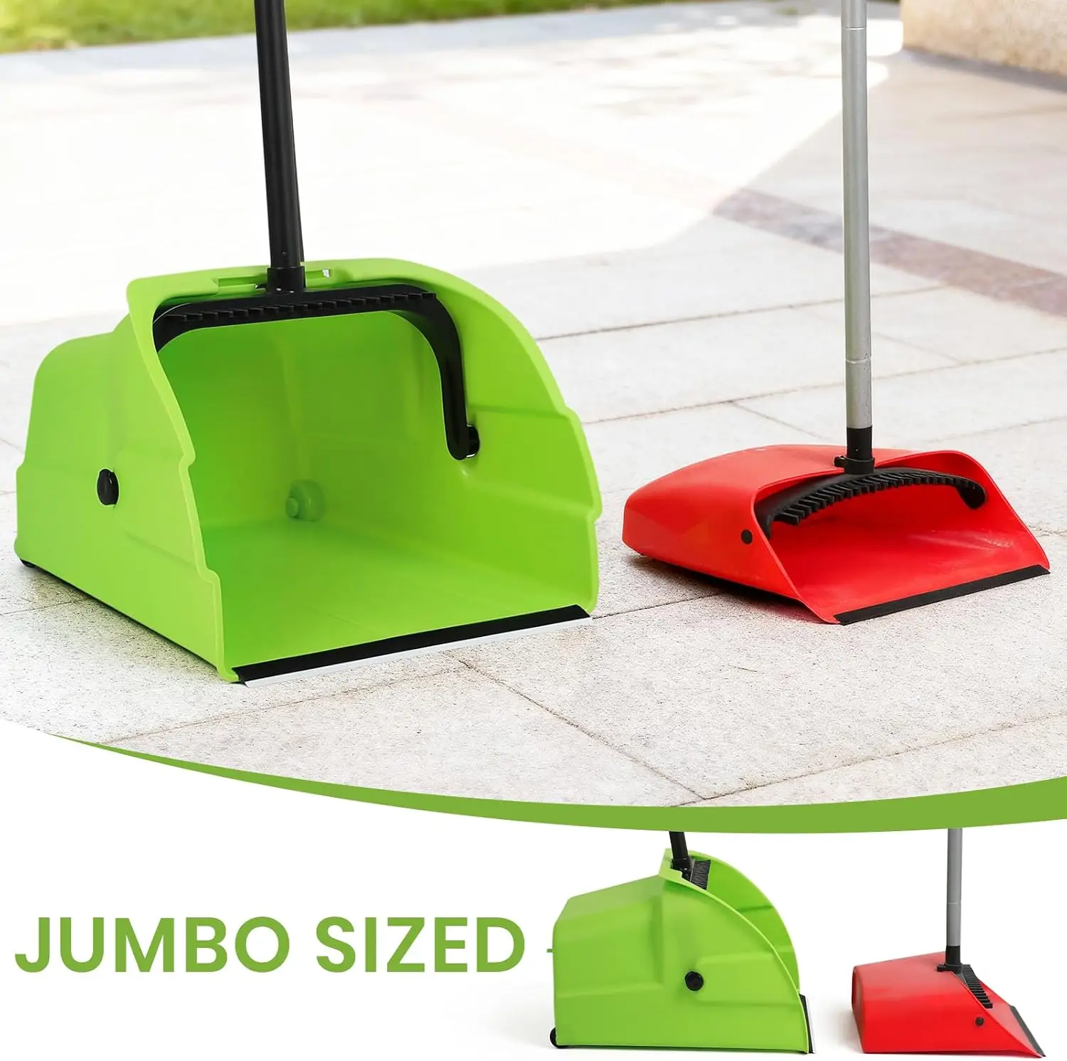 (3PK) Commercial Jumbo Heavy Duty Stand Up Debris Pan, Large Lobby Dustpan with Long Handle, Scooper for Outdoor Leaves Cleaning