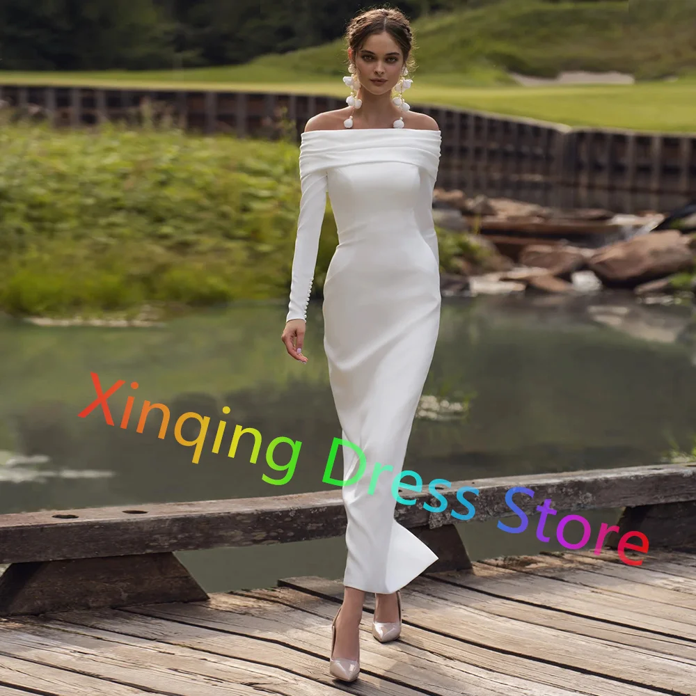 Minimalist kılıf ayak bileği uzunluğu düğün elbisesi basit tekne boyun Pleats uzun kollu Jersey gelin elbise geri yarık Custom Made