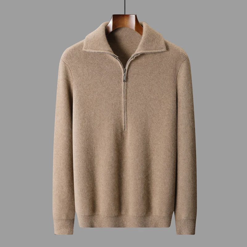 100% suéter de cachemira pura con cuello POLO para hombre, jersey de punto con media cremallera, chaqueta de camisa informal gruesa para otoño e invierno 2025