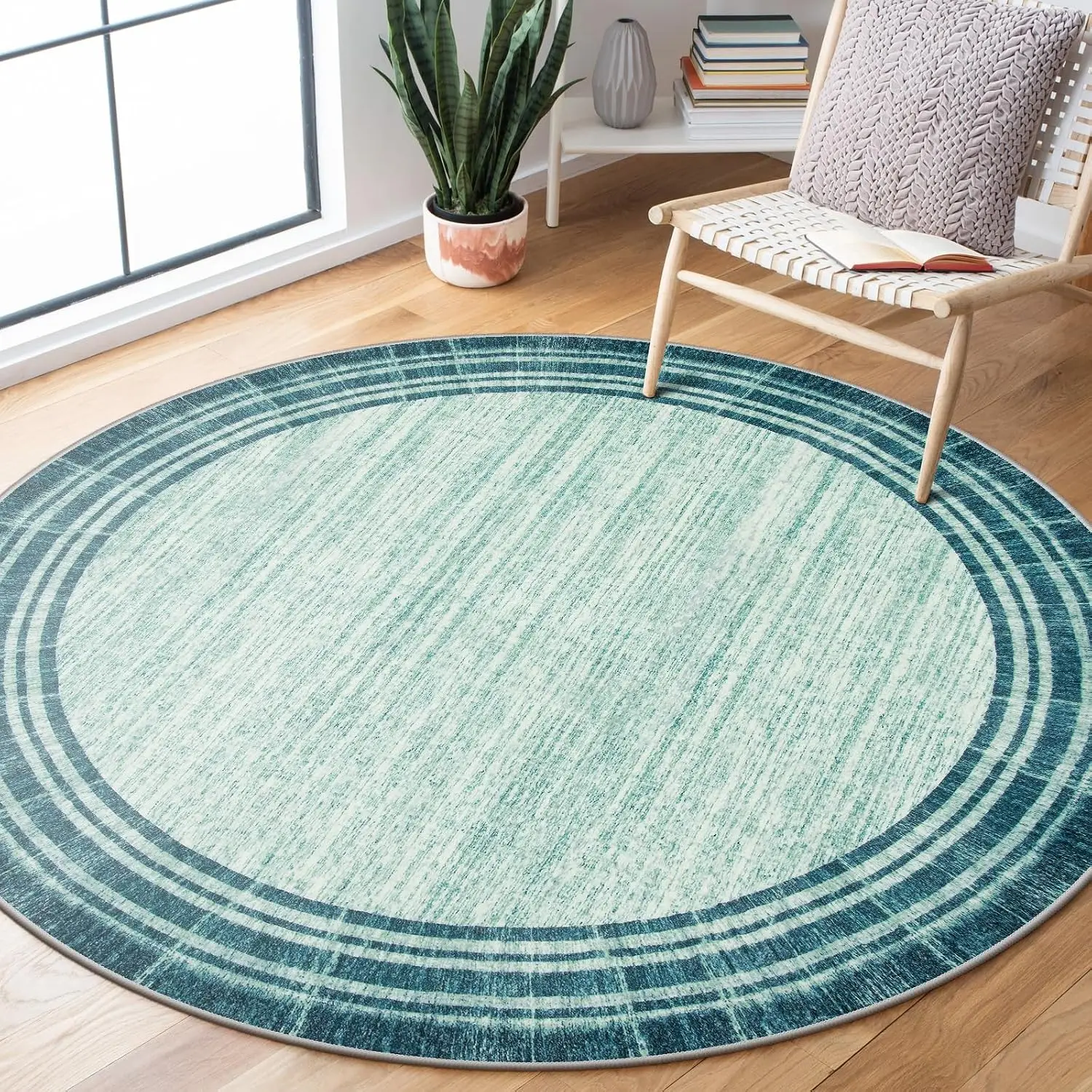 Elegant Large Round Area Rug Boho Teal Blue Abstract Pattern Distressed Farmhouse Style Living Room Floor Decor Carpet
