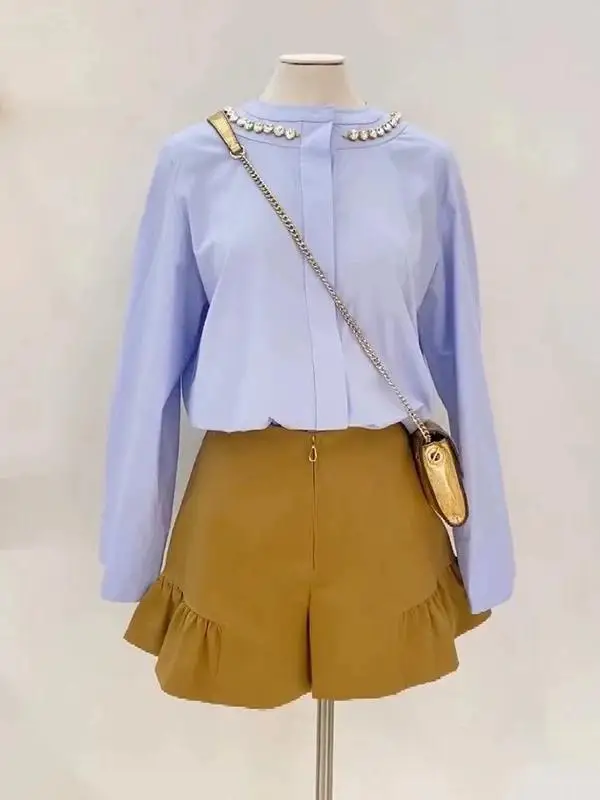 

Женская блузка Blue iny Diamond Decorated Sweet Color Bell Sve irt, ранняя осень, новинка Sle из чистого хлопка, длинная све