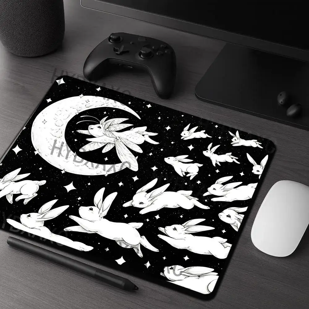 

HYBXAXC Moon Rabbit Black White Line Art Small Mouse Pad Rubber Desk for Gaming Office Large Extended with Stitched Edges