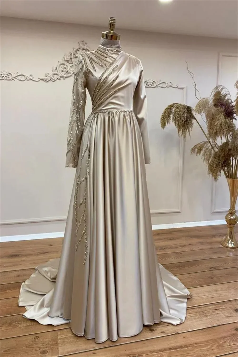 Amanda Modest Long Sleeve فساتين سهرة Luxurious Satin A-line Vestidos De Fiesta Light Champagne Elegant  Porm Dresses 2024