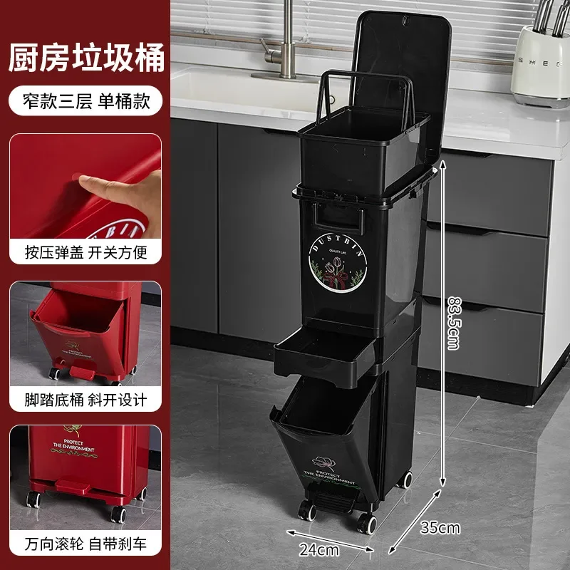 Large Capacity Kitchen Trash Can with Lid Double Layer Dry Wet Separation Classification Food Waste Bin Removable Household