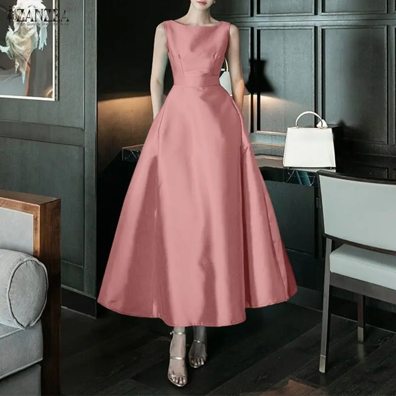 2026 Elegantes Partykleid ZANZEA Stilvolles Damen-Satinkleid Sommer Ärmelloses OL Arbeitskleid Midi-Kleider Einfarbiges A-Linien-Kleid mit Taille