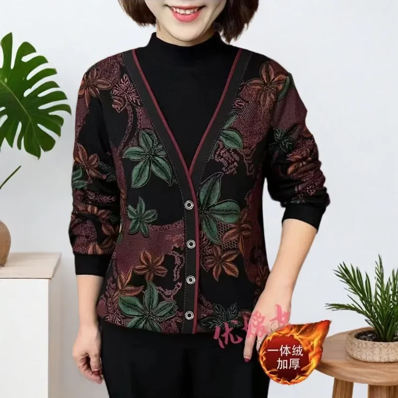 Women Fleece Lined Floral Print Fake Two Piece V Neck Long Sleeve Warm Casual Tops