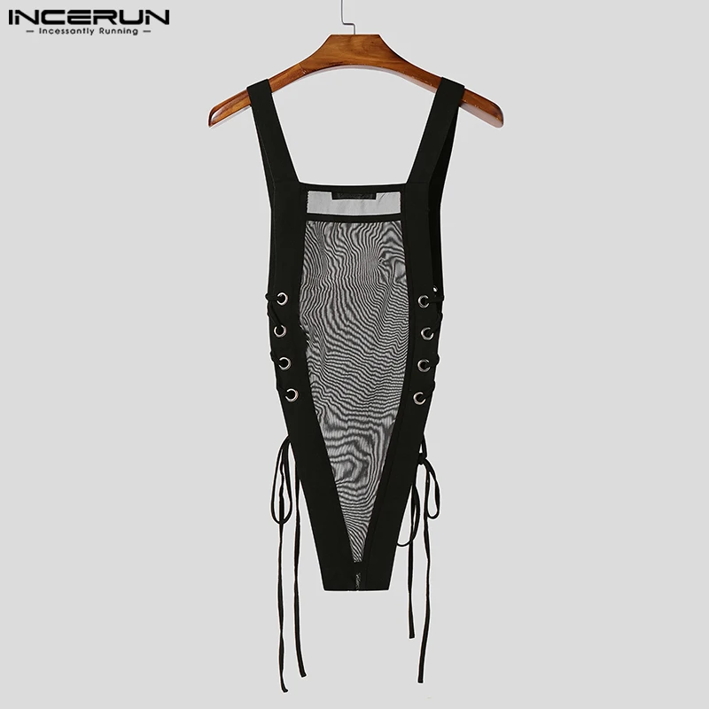 INCERUN 남성 바디 슈트 메쉬 민소매 Drawstring 남성 Rompers 탱크 탑 streetwear 2025 Hollow Out Bodysuits Summer