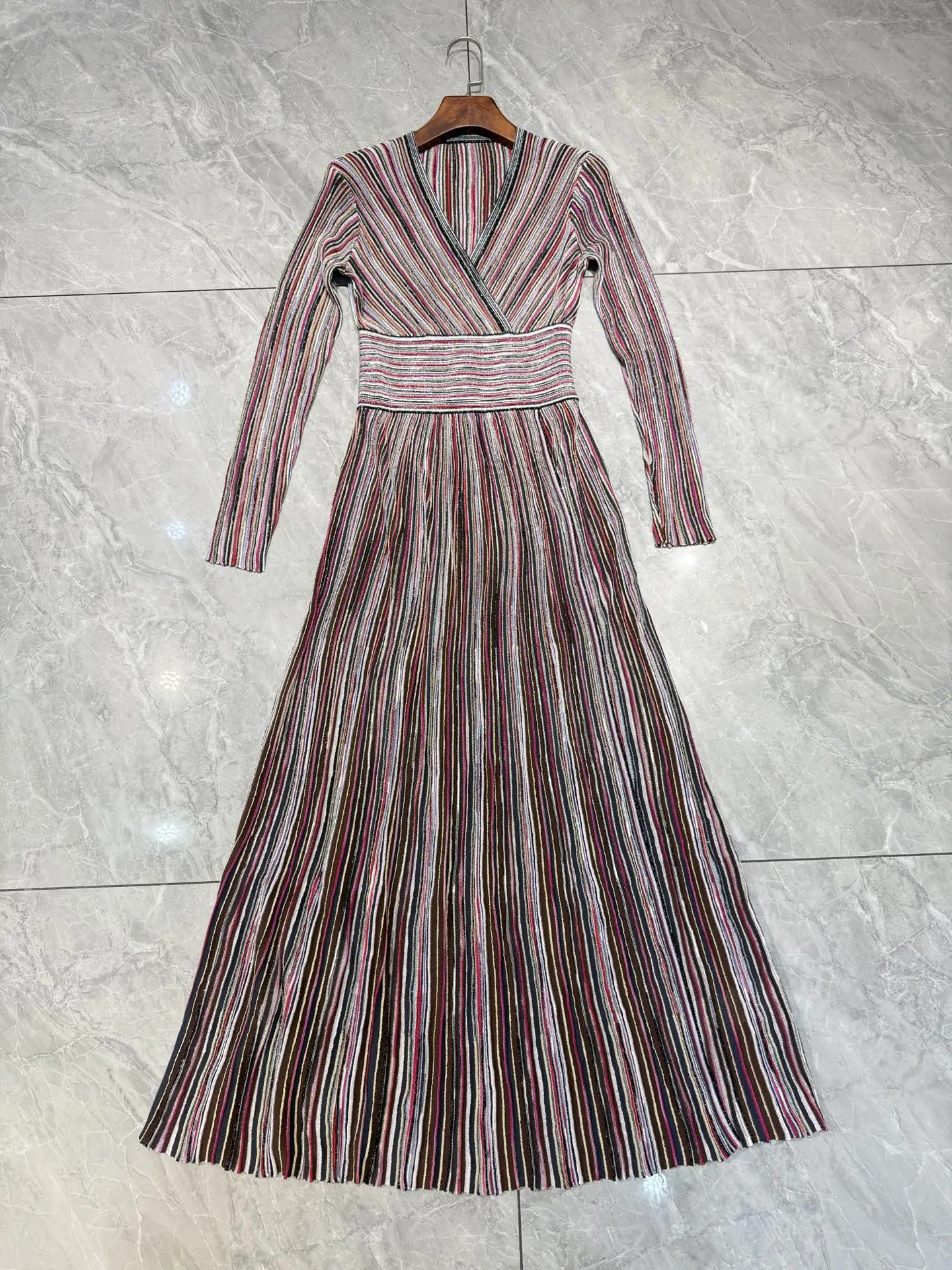 

Women's Pink Striped Maxi Dress V-Neck Long Sleeve Elastic Waist A-Line Elegant Ladies Knitted Robe