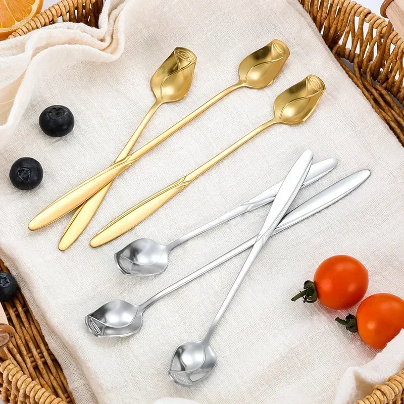 Rose Small Spoon with Long Handle Stainless Steel Long Spoon Small Rose Stirring Teaspoon for Dessert Coffee Cake Nice Gift