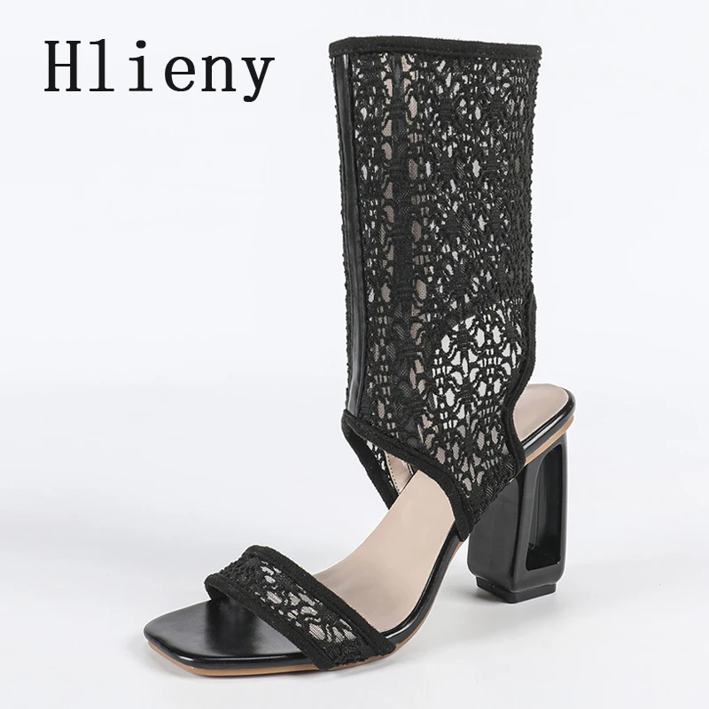 

Hlieny/модные ботильоны с открытыми отверстиями, женские летние модные удобные женские туфли на высоком толстом каблуке с квадратным носком и резьбой