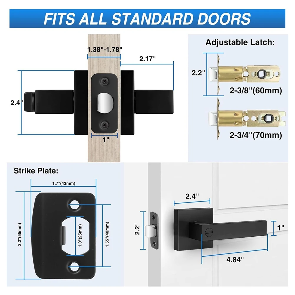 Paquete de 3 manijas de puerta negras mate, perillas de puerta interiores sin llave, cerraduras de palanca de puerta de privacidad para dormitorio y baño