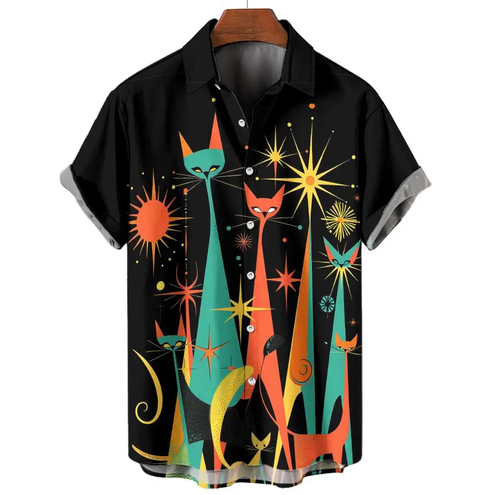 Camisas hawaianas clásicas para hombre, camisa de manga corta con estampado 3D de gato gráfico, Estilo Hawaiano, moda unisex básica, 2024