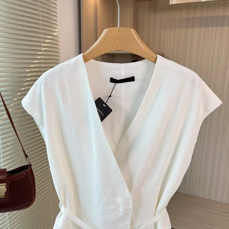 Maxdutti French Office Ladies Lazy Lace Up Waist Shirt Minimalist White Short-sleeved Blouse Women Tops Summer Suit