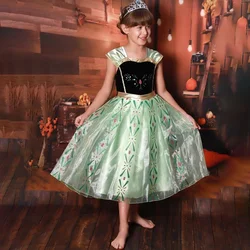 Girls Frozen Anna Green Princess Dress Kids Embroidery Flower Party Costume Mesh Material Short Sleeves Mid-Length For Beauty