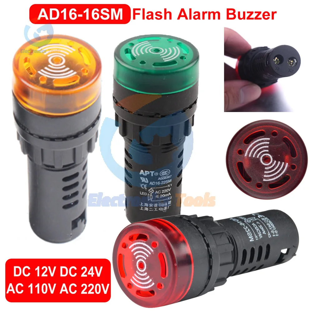 

AD16-22SM Flash Signal Light AC 110V 220V DC 12V 24V LED Active Buzzer Beep Alarm Indicator Red Green Yellow Signal Lamp