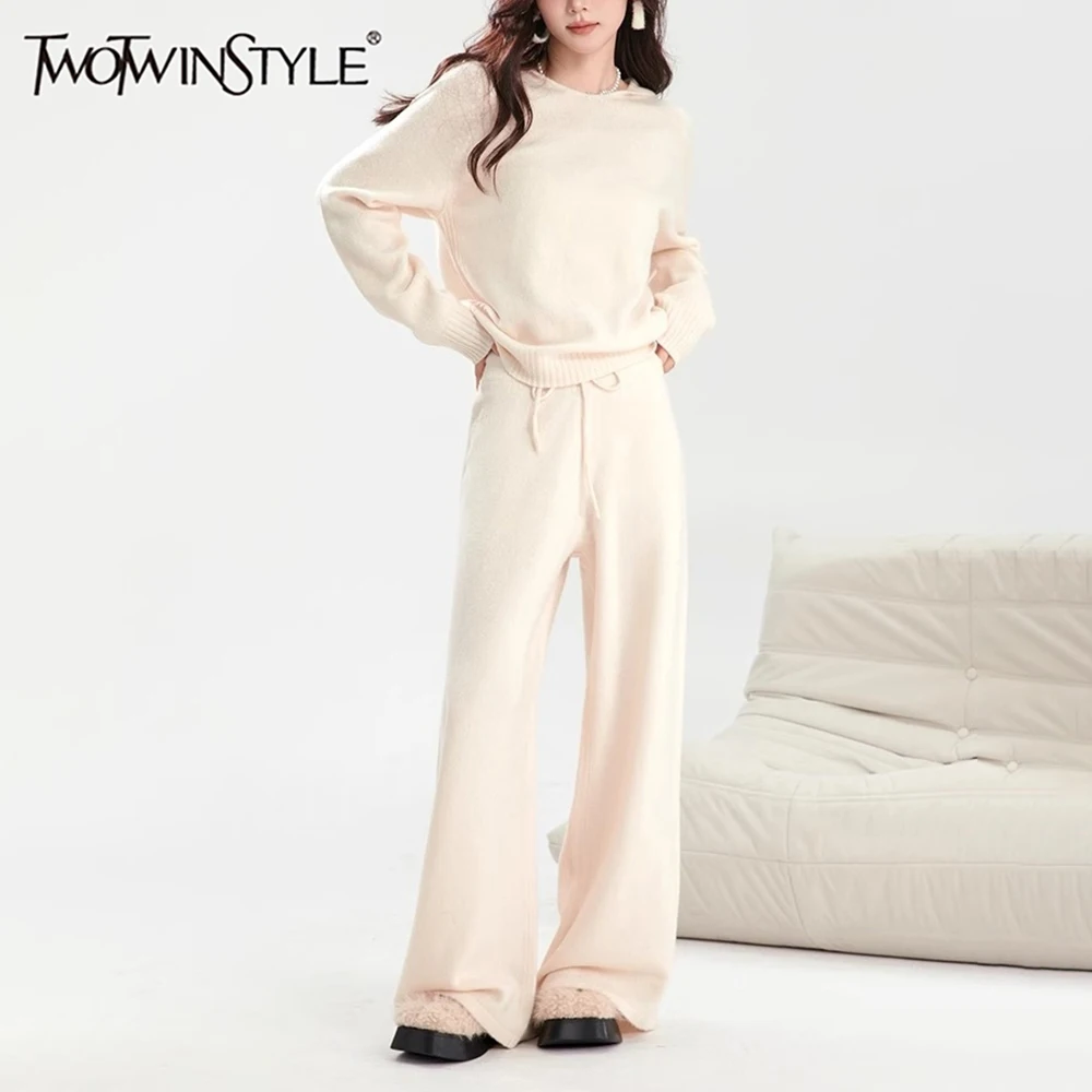 TWOTWINSTYLE Solid Two Piece Set For Women V Neck Long Sleeve Casual Top High Waist Pants Temperament Sets Female Fashion New