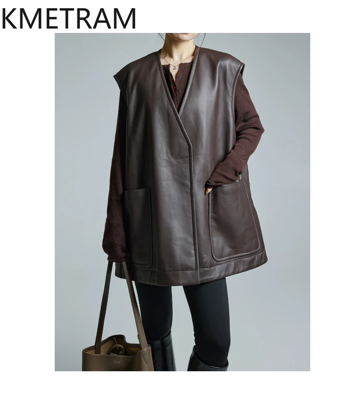 KMETRAM 100% vera pelle di pecora sottile gilet di cotone spalla larga rosso allentato cappotti in vera pelle donna 2025 autunno di media lunghezza пьто