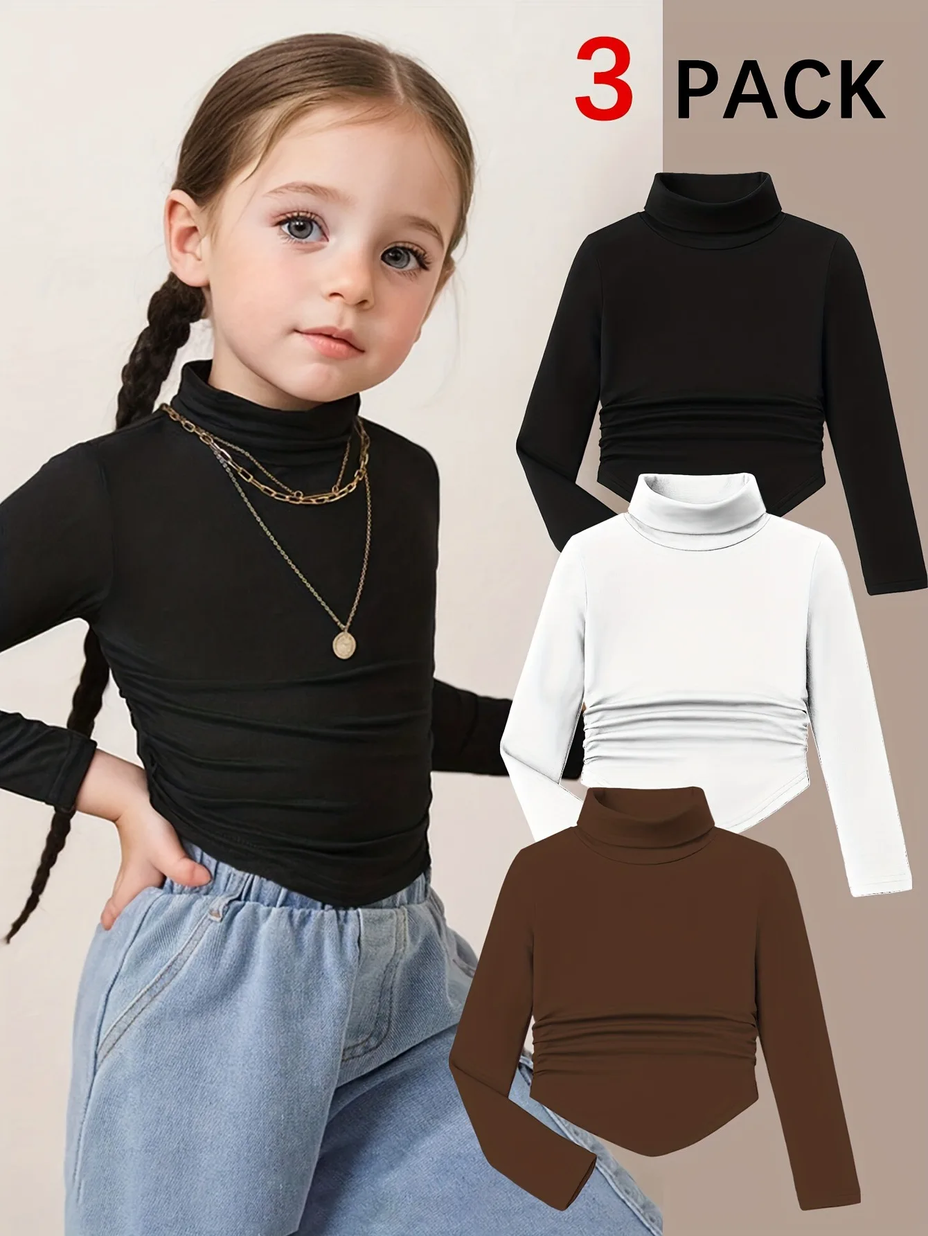 Kids Girls 3 Pack Solid Color Ruched Turtleneck Long Sleeve Asymmetrical Hem Crop Top Casual Daily School Wear