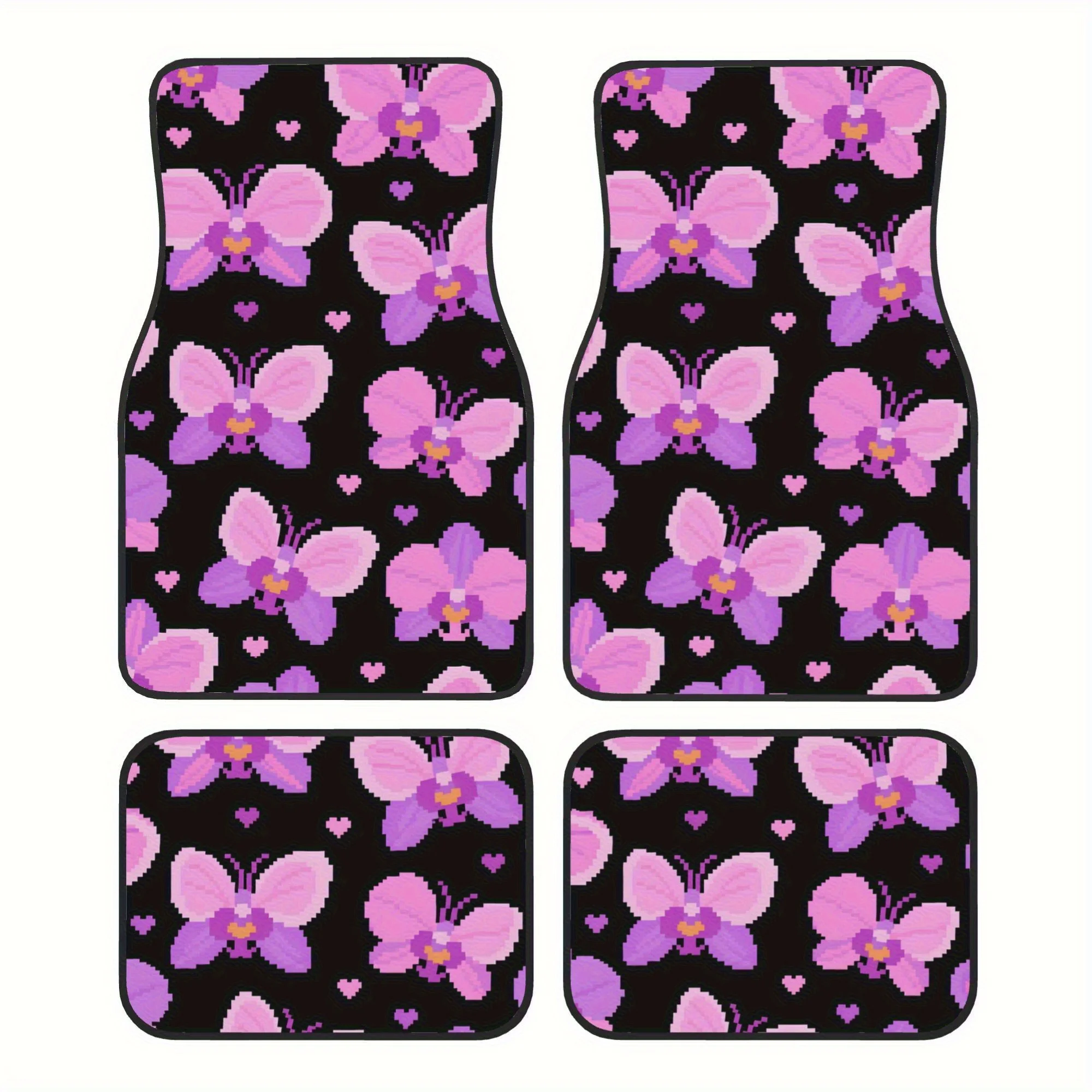 4pcs Pixel Art Flowers Car Floor Mats Comfortable Crystal Velvet Vehicles Floor Mats, Front& Rear Full Coverage Auto Interior Ac