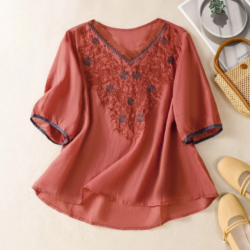 

Chinese Style Women's Blouses Embroidery Vintage Shirts Fashion Loose Summer Clothing Short Sleeved Cotton Linen Women Tops