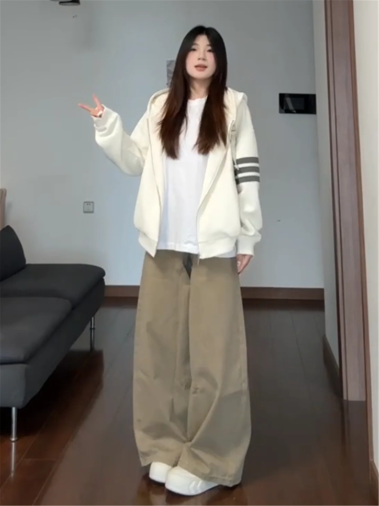 

Extended Length Khaki Wide Leg Jeans Women's High Waist Slimming Loose Drapey Floor-Length Straight Leg Pants