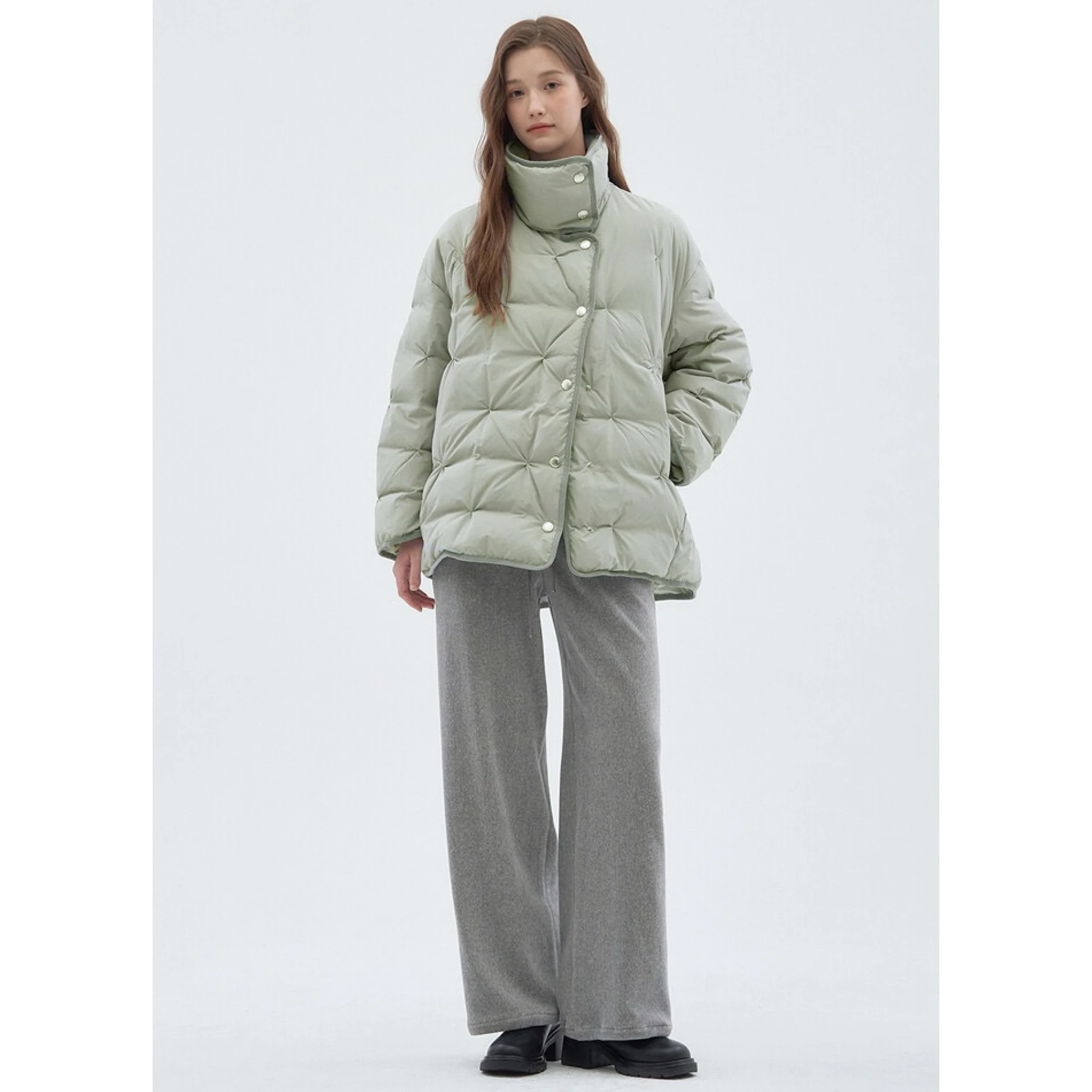 

Thiened Goose down Jaet Lemon Cheese Simple Elegance Stand Collar Embroidered Pleated Versatile Winter Coat for Women