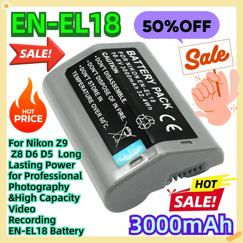 

For Nikon Z9 Z8 D6 D5 Long Lasting Power for Professional Photography &High Capacity Video Recording 3000mAh EN-EL18 Battery