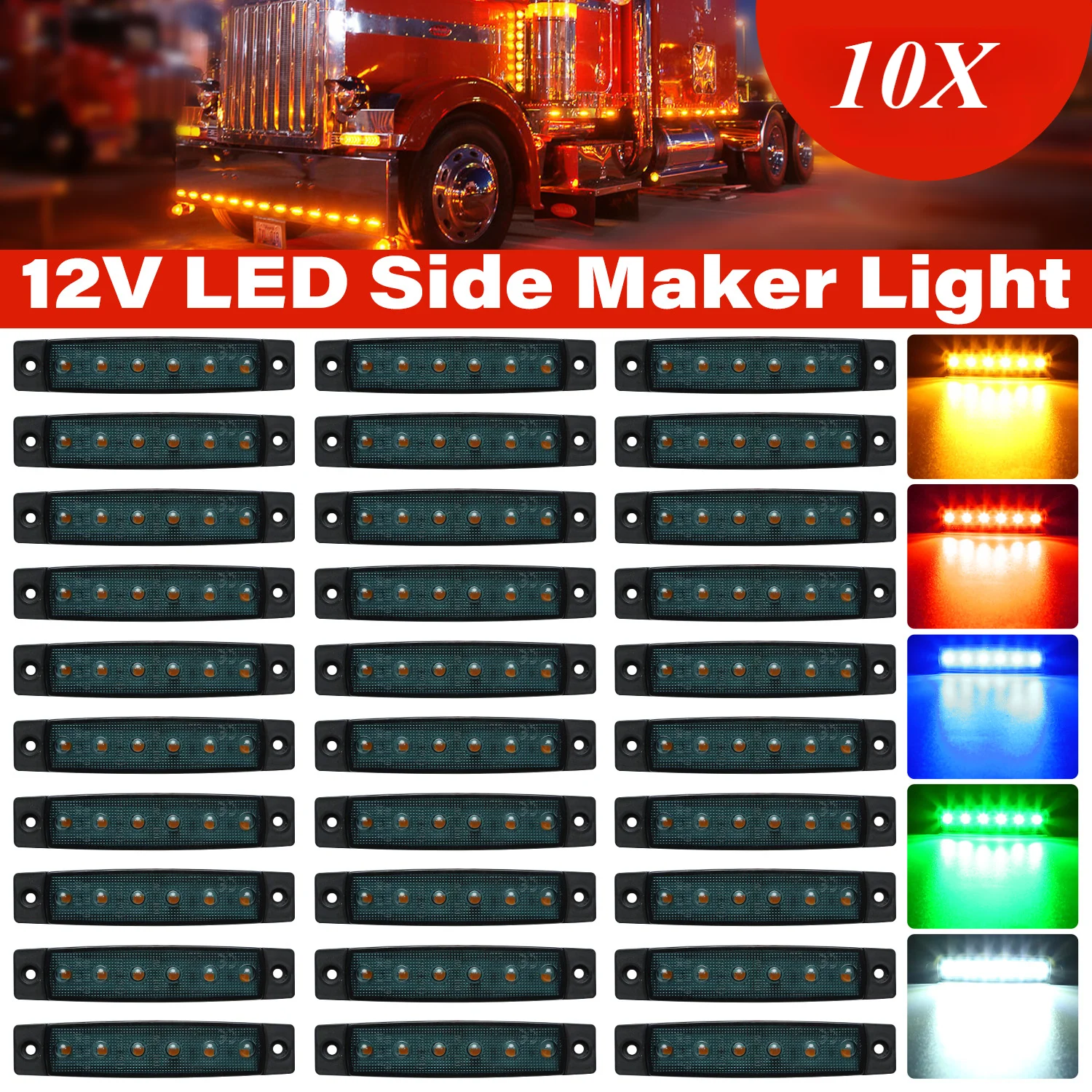 10PCS Smoked 12V-24V Led Side Marker Lights Front Rear for Trucks Cab RV Trailer Amber/Red/White/Green/Blue Indicator Light