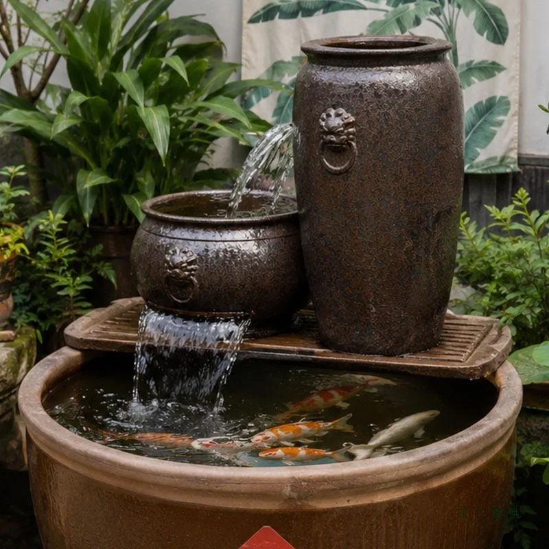 Fish farming, flowing water, ceramic pot courtyard, fish pond, flowing water ornament, ceramic decoration, landscaping view, cir