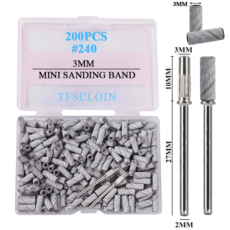 

TFSCLOIN 200Pcs/Box 3MM Sanding Bands With 2Mandrel Electric Nail Machine Accessories Nail Polishing Gel Polish Removal Tools