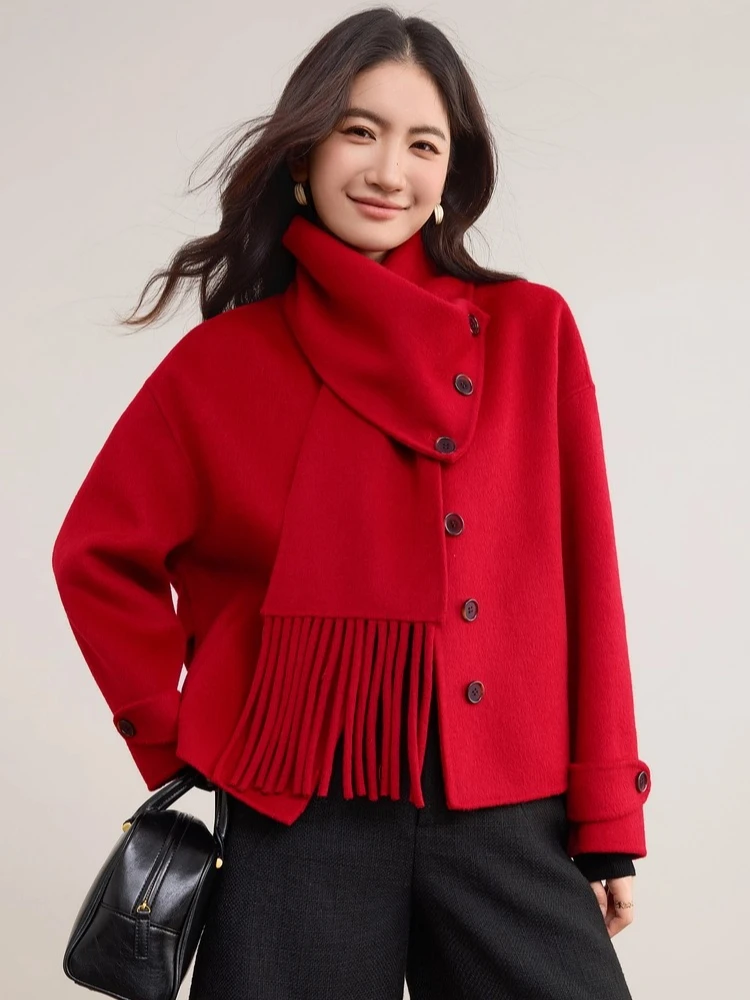 

SENTBUILA Women's Woolen Coat 2025 Winter Long Sleeve Double-sided Wool Jackets Detachable Scarf Collar Pockets Coats W54OG2451