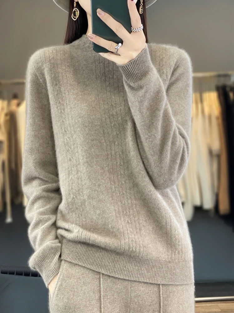 

Women Wool Pullover Mock Neck Cashmere Sweater Autumn Winter 100% Merino Wool Knitwear Female Grace Soft Fashion Top New