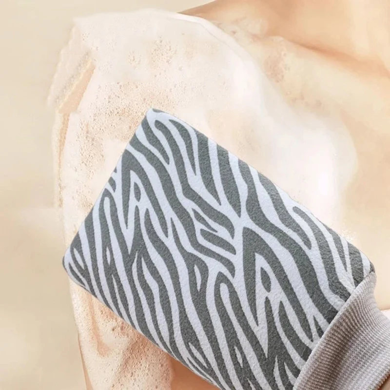 Nowe Rękawice do Kąpieli w Paski, Mocne do Szorowania, Dwustronne, Uniwersalne, do Usuwania Zanieczyszczeń, Peelingujące, Wzór Zebra