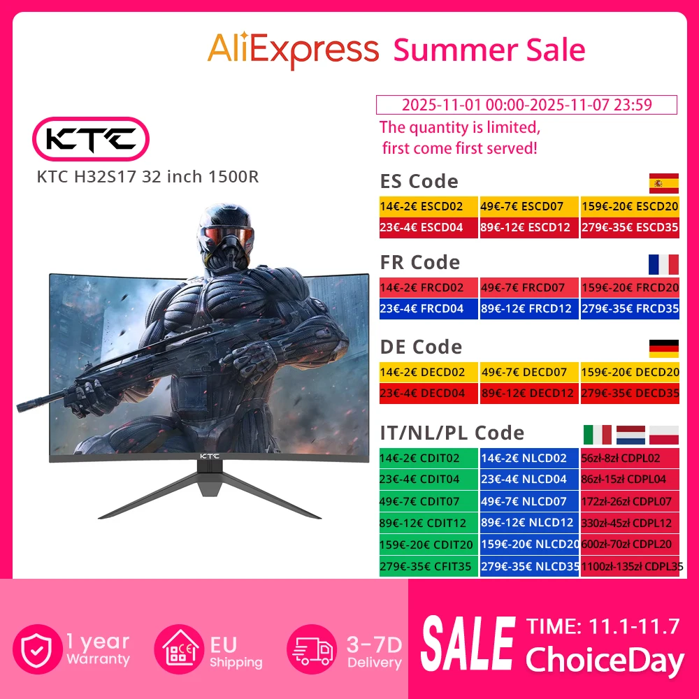 KTC H32S17 Monitor de juego curvo 1500R de 32 pulgadas 2560x1440 QHD 170Hz 16:9 ELED 99% sRGB HDR10 1ms tiempo de respuesta MPRT bajo-azul