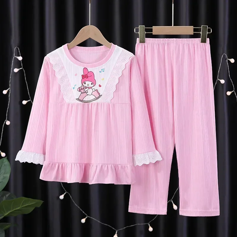 Sanrio Long Sleeve sleepwear Princess hello kitty Children kuromi Pajamas Girl Summer Cotton nightgown Set robes