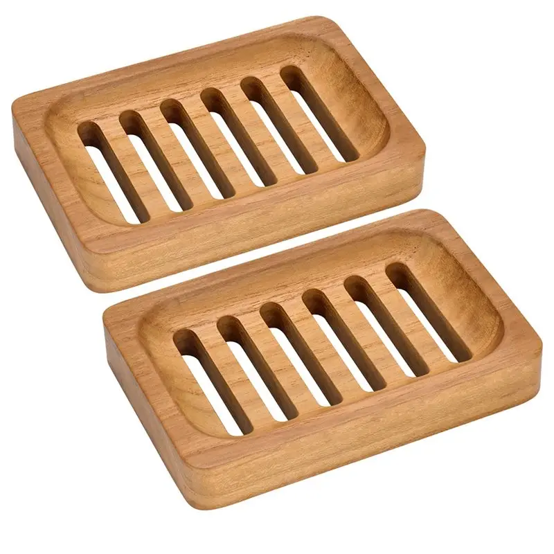 

2PCS Self Draining Soap Holders Rustic Slotted Bamboo Dish Tray Easy Cleaning Wooden Soap Dish-A57X