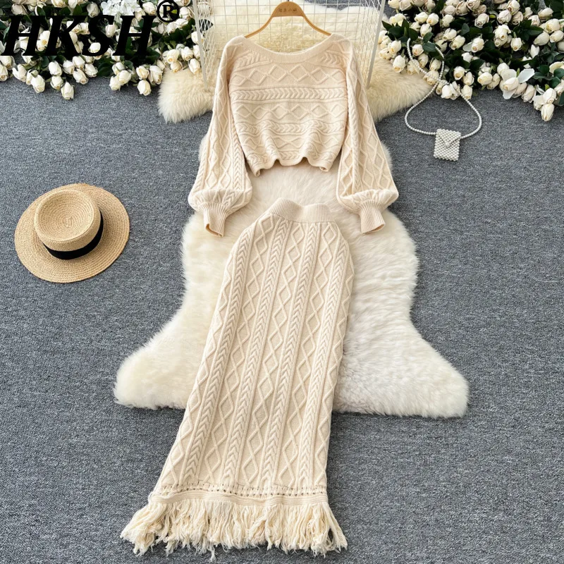 

HKSH Autumn Winter New Women Gentle Elegant Two Pieces Sets Pullover Long Sleeve Short Twist Sweater Fashion Tassel Skirt HK9415