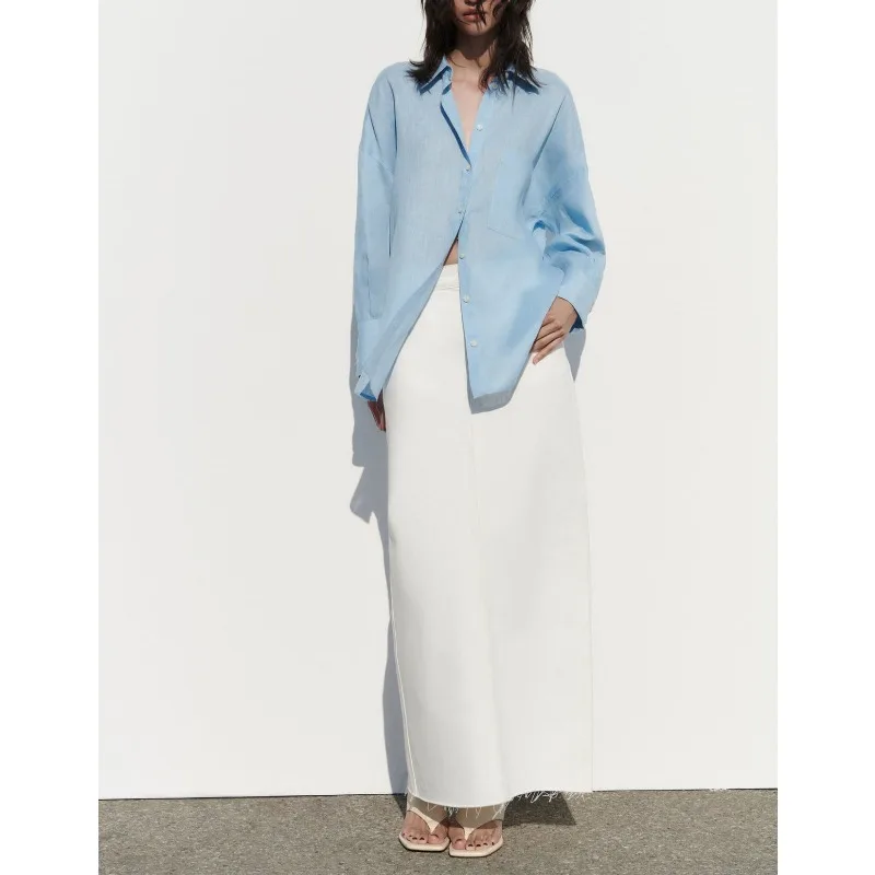 New Autumn Fashion White Sun-protective Shirt with A Lapel Loose Button-down and Single-pocket Linen Shirt Versatile Women's Top
