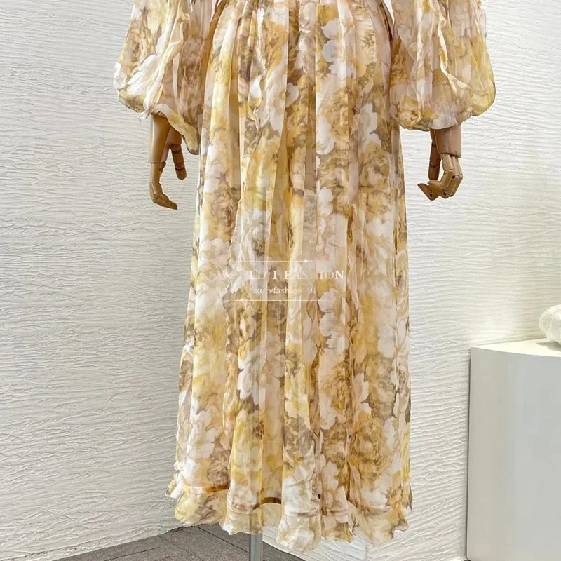 فساتين نسائية صيفية 2025 فستان متوسط الطول بأكمام طويلة وطباعة زهور صفراء عالية الجودة