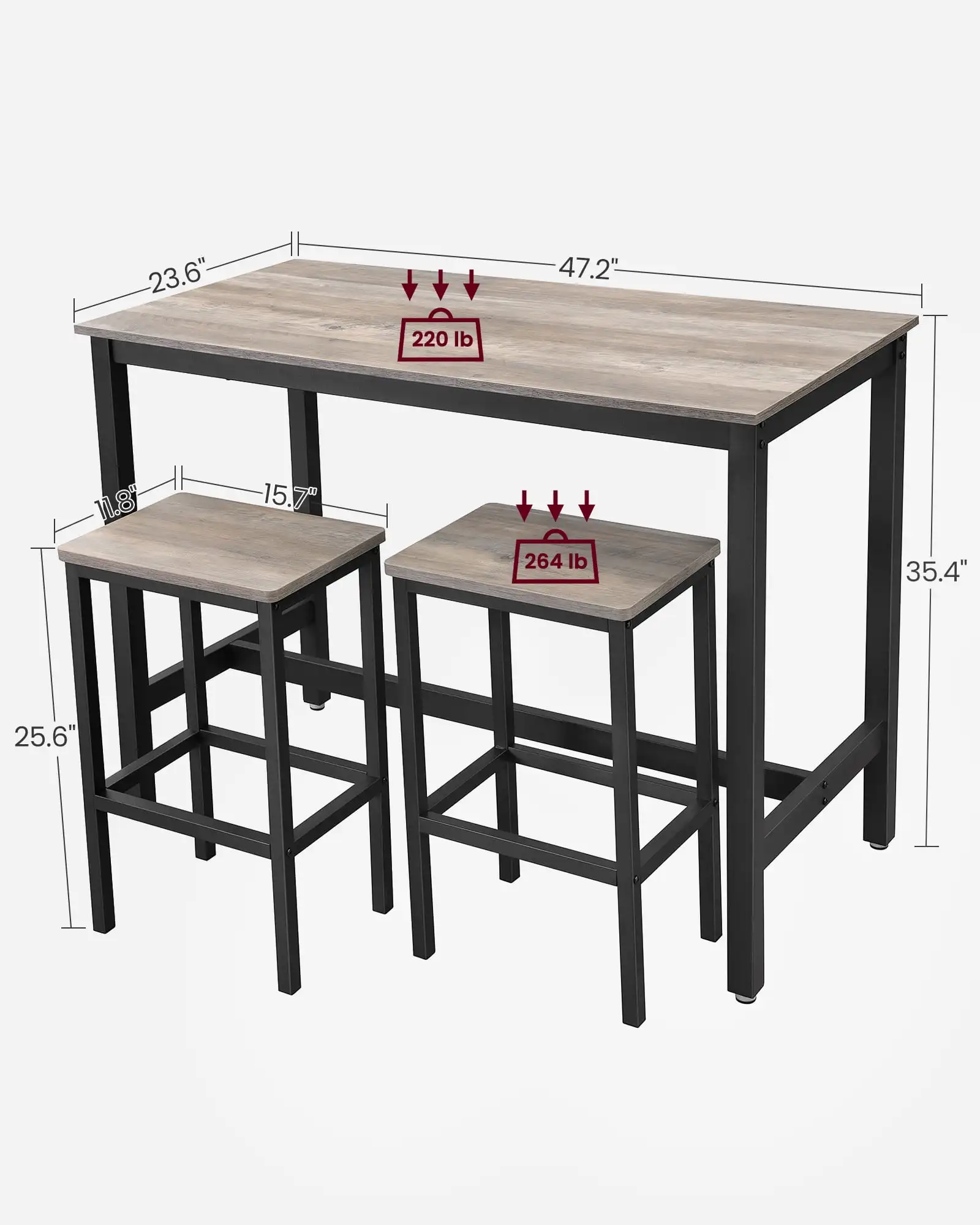 Industrial Bar Table Set Dining Table Kitchen Dining Table Set with 2 Stools Greige and Black