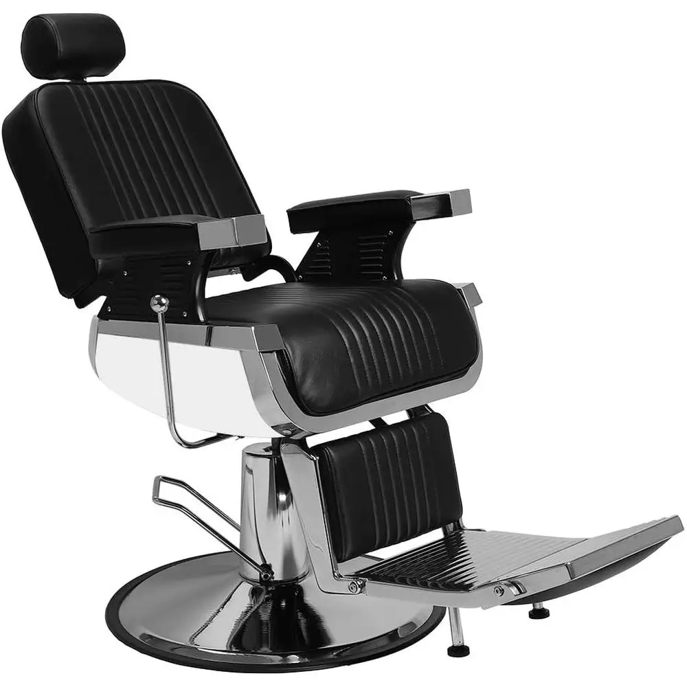 

Sturdy Reclining Barber Chair with 360 Swivel, Supports 500lbs, Vintage Style for Salons and Spas, Black