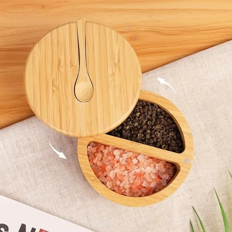 Bamboo Salt Container Spoon Seasoning Jar With Swivel Magnetic Closure Lid to Keep Dry To Storage Pepper Spice Cellar Holder