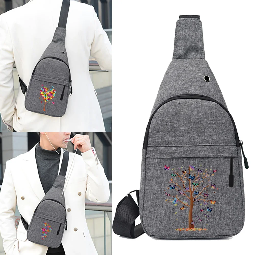 Male Shoulder Bags Men Chest Bag School Summer Short Trip Messengers Handbag Print Butterfly Pattern Shoulder Bags USB Charging