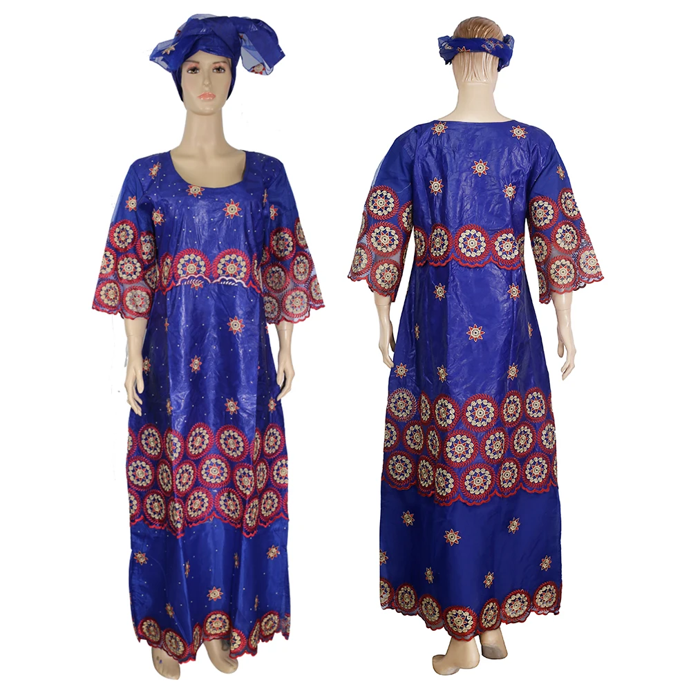 H&D African Dresses For Woman Bazin Riche Fabric with Emboridery Traditional Nigerian Clothes Fabric With Scarf 5+2 Yards