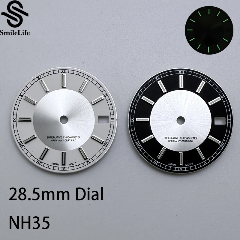 SmileLife 28,5 mm Tuxedo-Schwarz/Weiß-Uhrenzifferblatt, grün leuchtend, passend für NH35/NH36/4R/7S mechanisches Uhrwerk, Uhrenzubehör
