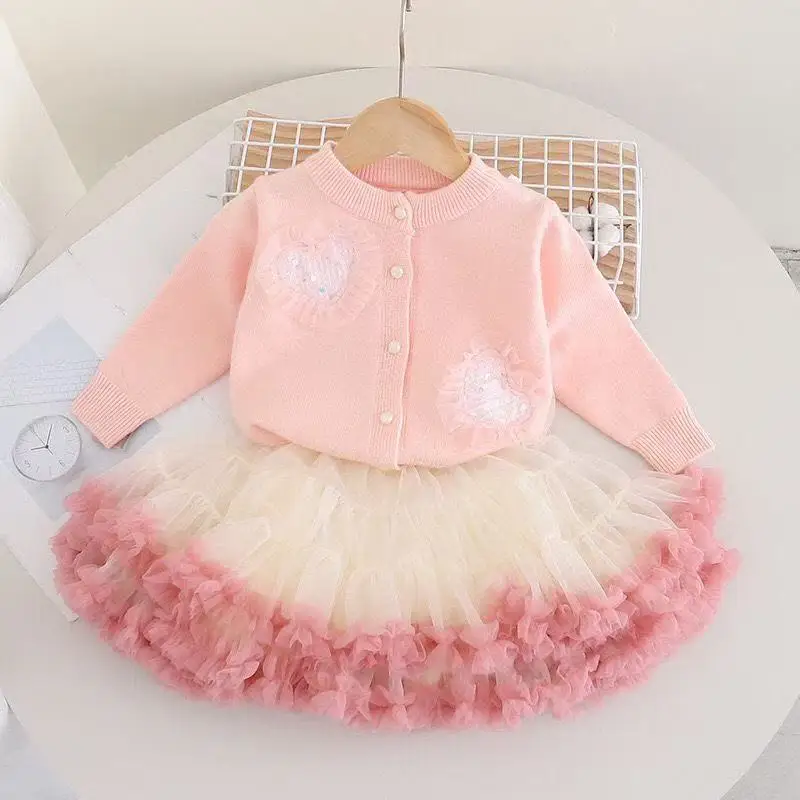 Toddler Girls Knit Cardigan and Tutu Skirt Set Spring Autumn Kids Sweet Sweater Outfit Baby Girls 2 Piece Clothing 90-130cm 4