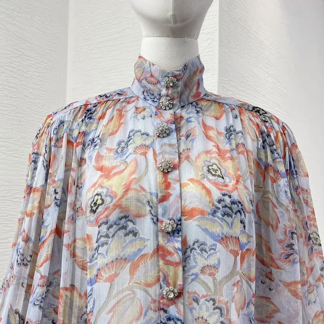 

2024 High Quality New Blue Floral Print Long Sleeve Turtleneck Shirt Women Vintage Blouse Tops for Holiday