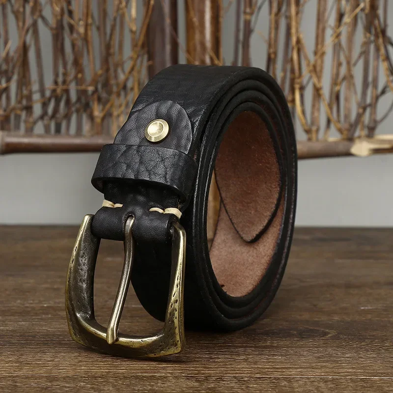 

3.8cm men's high-quality genuine leather belt thickened African bison leather shrunk retro luxury copper buckle belt men's jeans