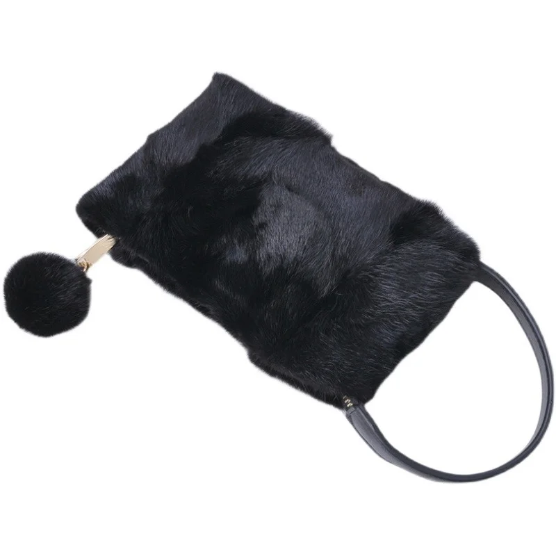 Bolso de teléfono móvil de piel de visón de alta calidad para mujer, Mini Tote de piel de visón de alta calidad, bolsa de teléfono móvil decorada con Bola de Pelo informal, Otoño e Invierno